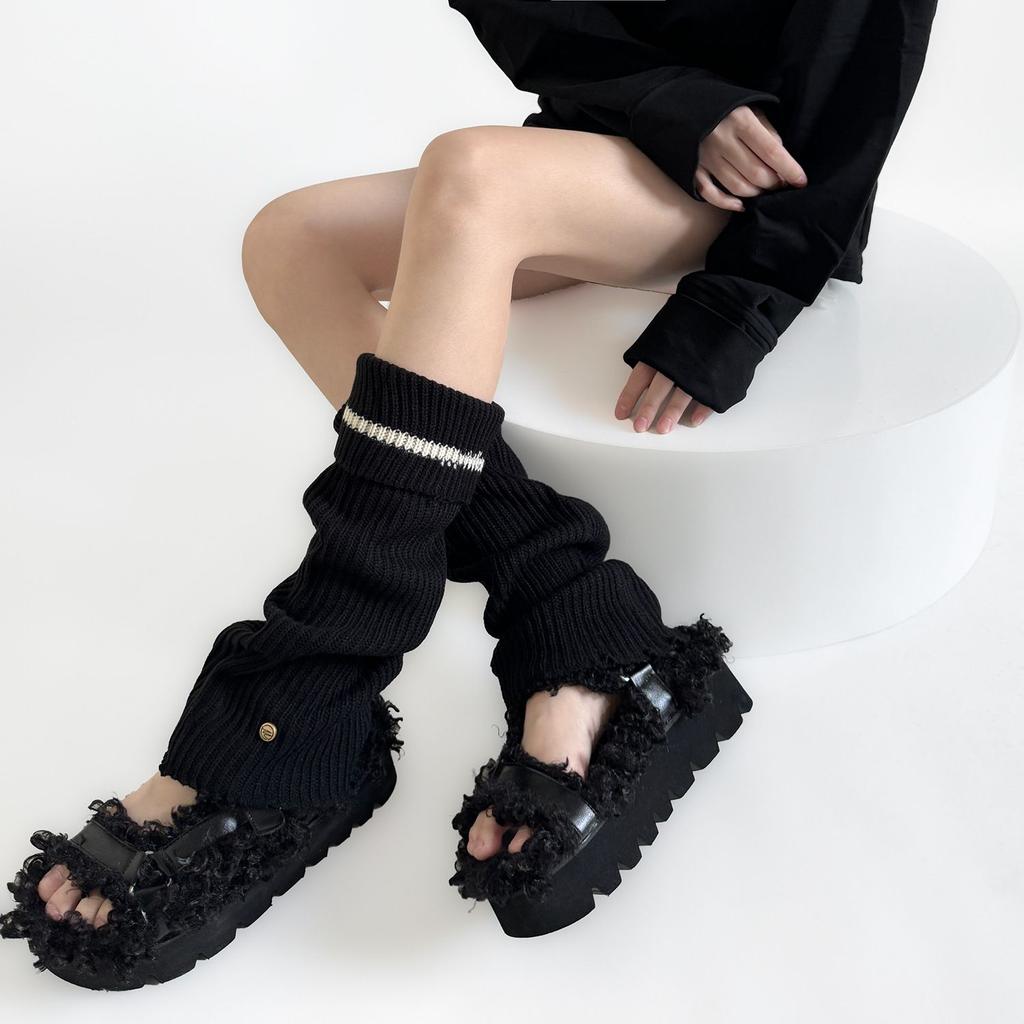 Metal Buckle Design Cuffed Loose Slouchy Leg Warmers for Women Autumn Winter Warm Striped Preppy Style