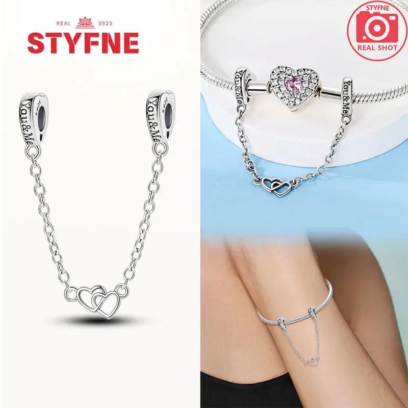 Real Silver 925 Star and Moon Flower Heart Safety Chain Wearable Jewelry Gift Bracelet DIY Beads for Women