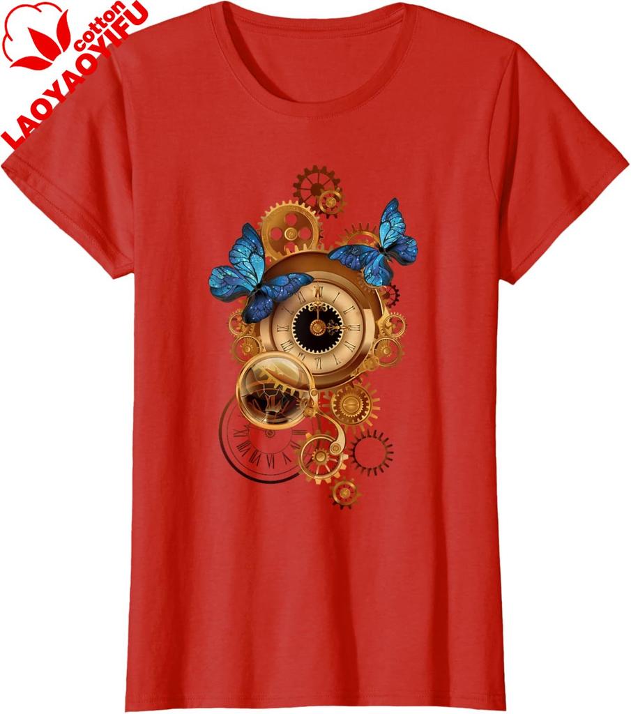 Steampunk Clock Gear and Butterflies Vintage Retro Aesthetic TShirt Unisexs Casual Funny Plus Size Printed Tee Womens Clothing