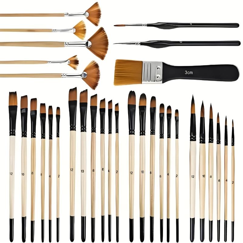 32-teiliges Künstlerpinsel-Set Ergonomischer Holzgriff Nylonborsten Pinsel für Öl-Aquarell-Acryl-Gouache Kunstmalerei