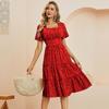 A-Line Summer Casual Dress Women Ruffles Short Sleeve Chiffon Dot Print Pattern Square Collar Medium Long Love Red Black Blue Green