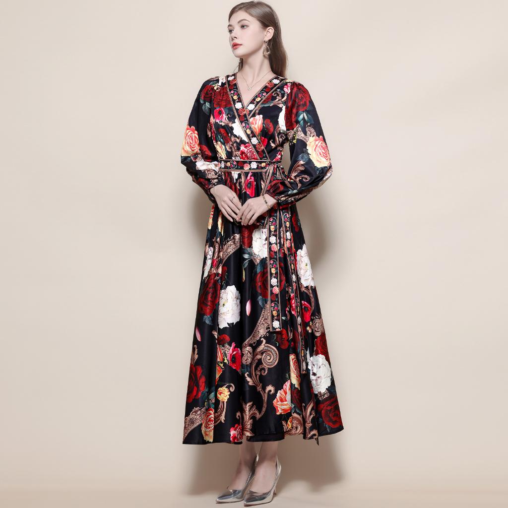 Bohemian Floral Printed Long Dress for Women Fashion V-neck Long Sleeve Oversized Maxi Dress Lady 2026 Chic Vacation Dress Robes