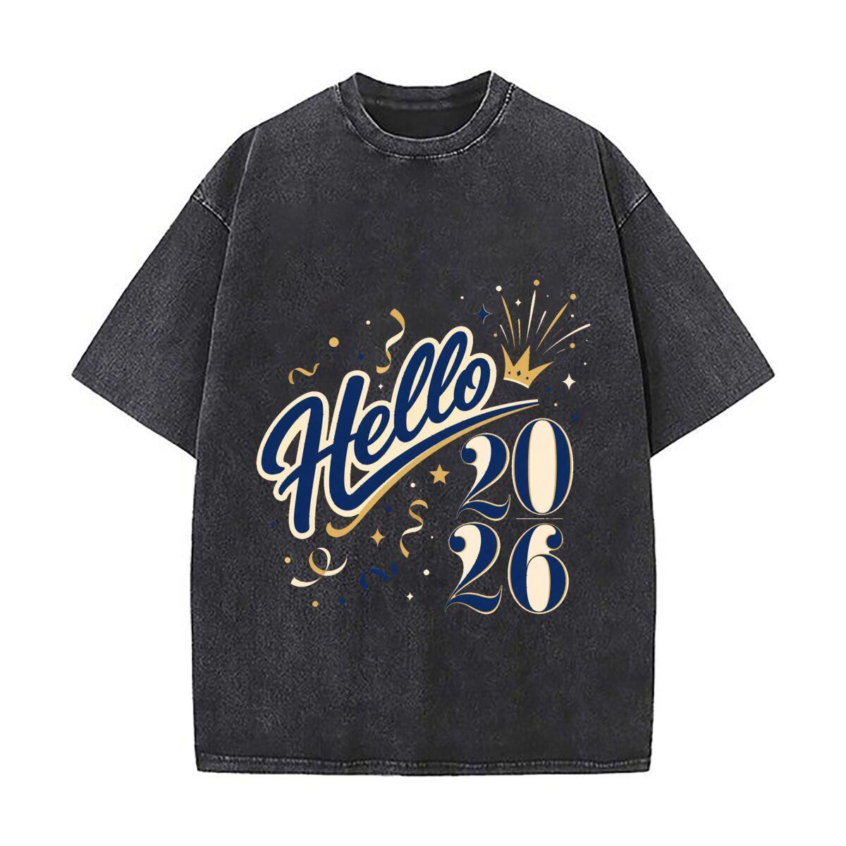 Festive Hello 2026 New Year Retro Washed Distressed T Shirt Men Summer Casual Short Sleeve S