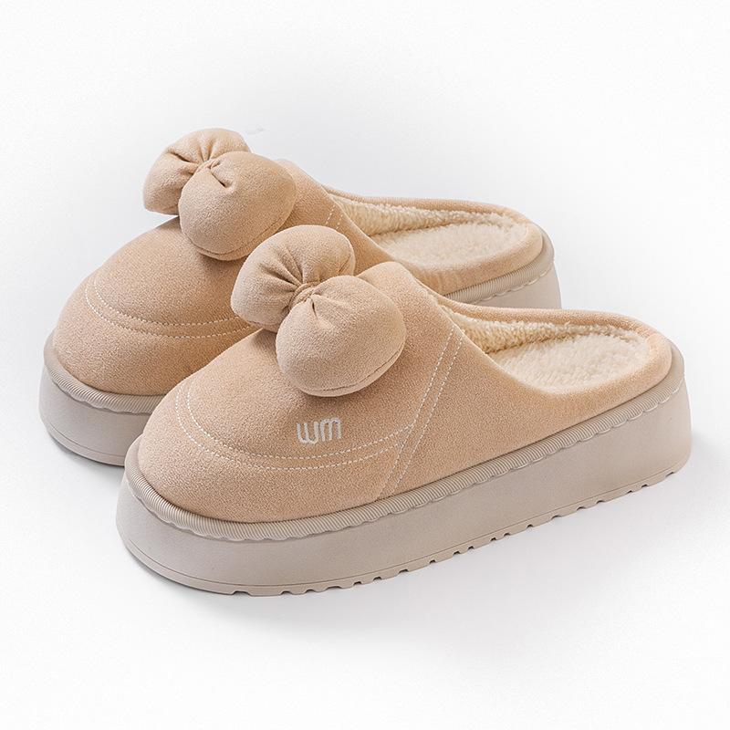 Bow cartoon cotton slippers autumn and winter indoor home thick bottom velvet warm and comfortable couple confinement shoes women