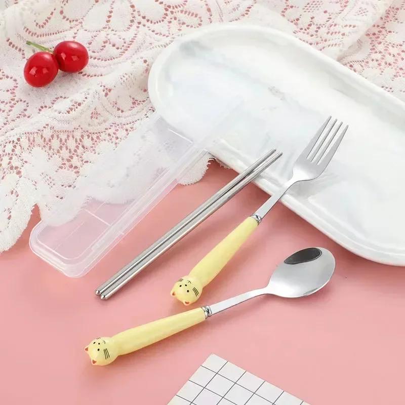 Cute Cartoon Travel Tableware with Case Portable Utensils Cutlery Set Reusable Flatware Silverware Include Fork Spoon with Case