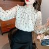 French Style Floral Chiffon Shirt for Women Spring Summer New Temperament Bottoming Blouse Sweet Long Sleeve Top