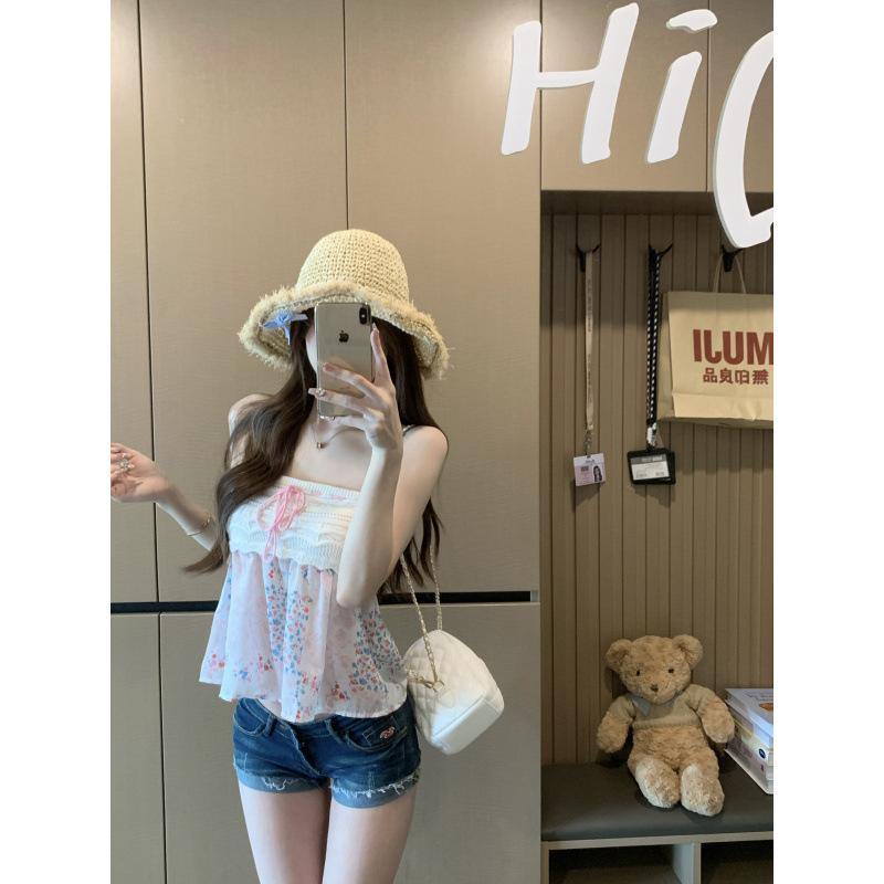 Pure desire sweet and spicy splicing floral tube top women summer slim and thin pink chic top