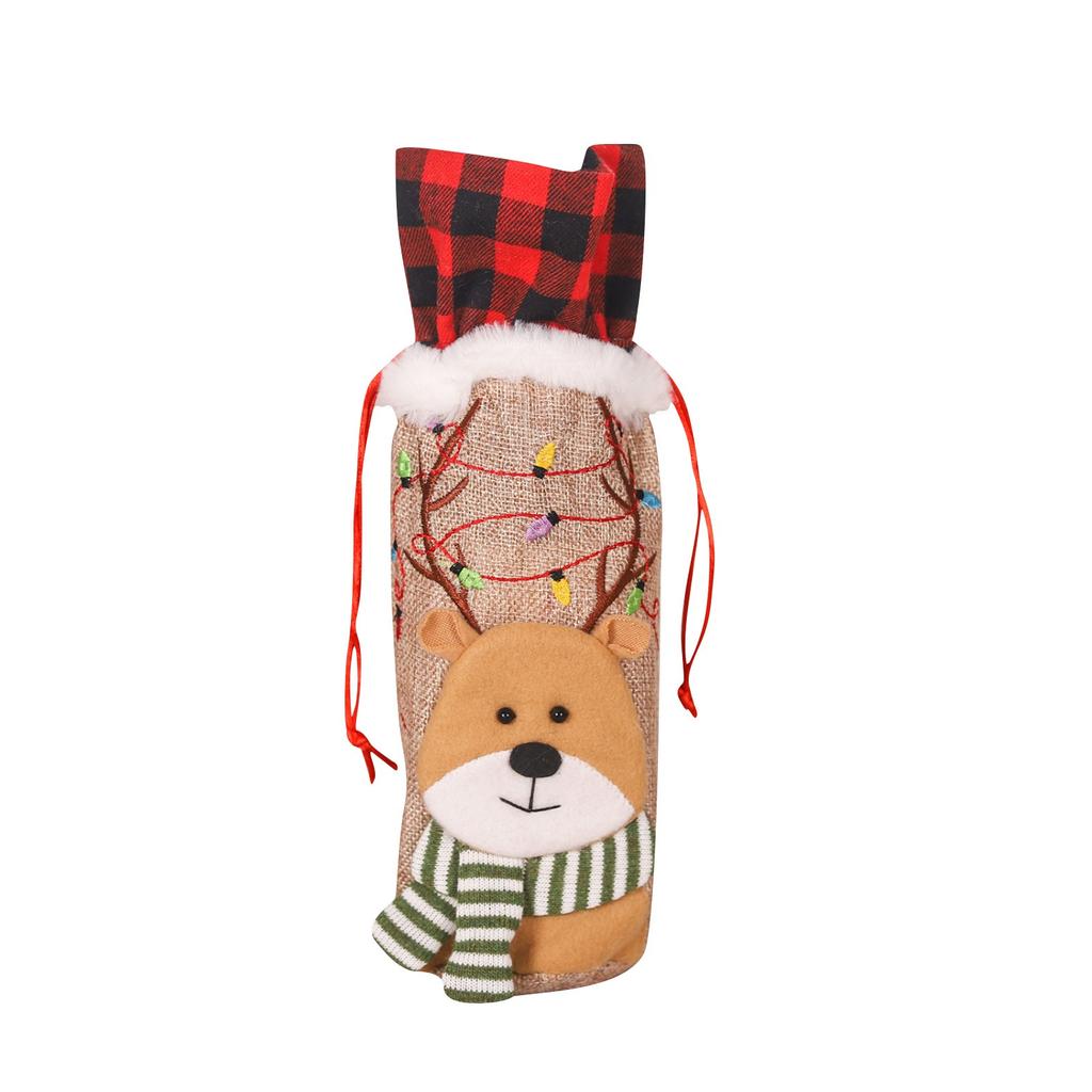 Christmas Supplies Christmas Red And Black Checkered Linen Red Wine Bottle Embroidered Christmas Doll Handbag