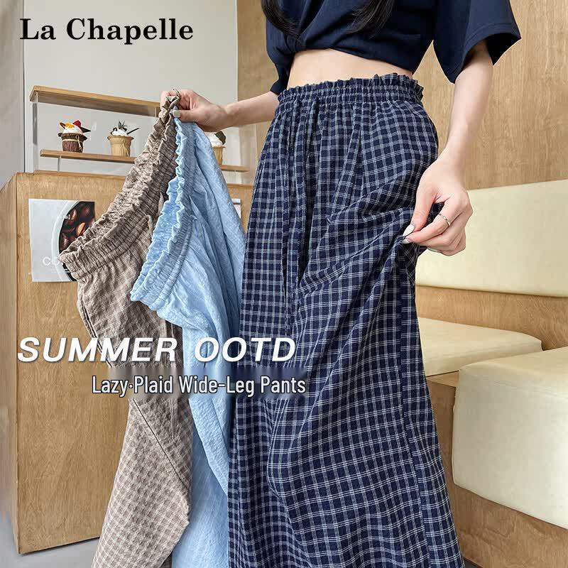 La Chapelle Women s American Retro High-Waist Plaid Wide-Leg Pants L