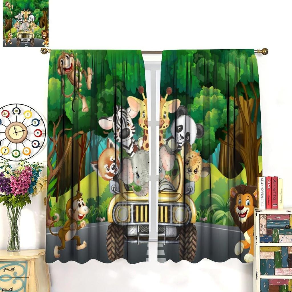 Kids Safari Animals Curtains Tropical Jungle Adventure African Lion Elephant Monkey Print Window Drapes Baby Curtain Polyester