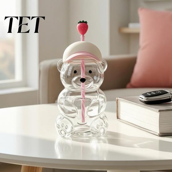 Durable Drinking Container 600ML Bear Glass Tumbler with Lid & Straw, 20oz Borosilicate Water Bottle Straw Cup for Iced Coffee, Boba Tea, Milk,