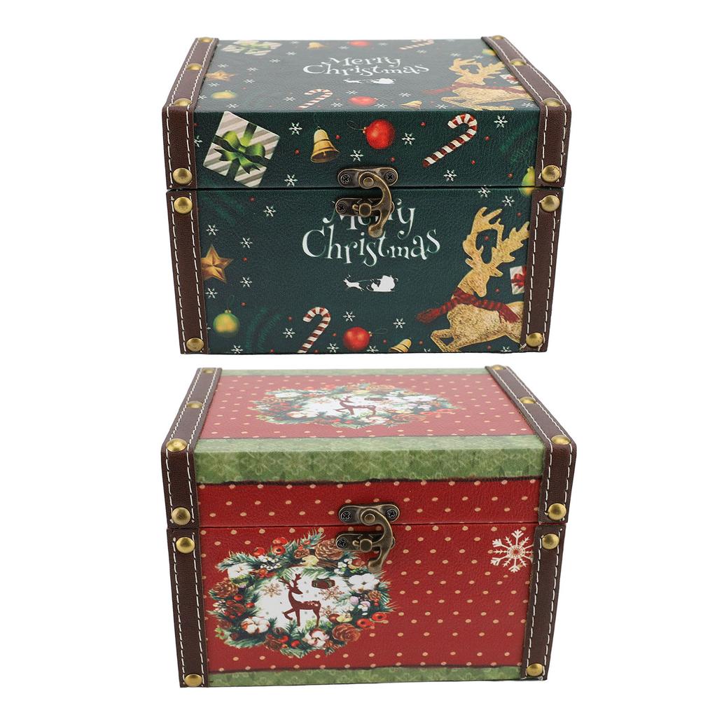 Wooden Trinket Box Vintage PU Leather Christmas Gift Box Jewelry Keepsake Storage Box for Kids Chris