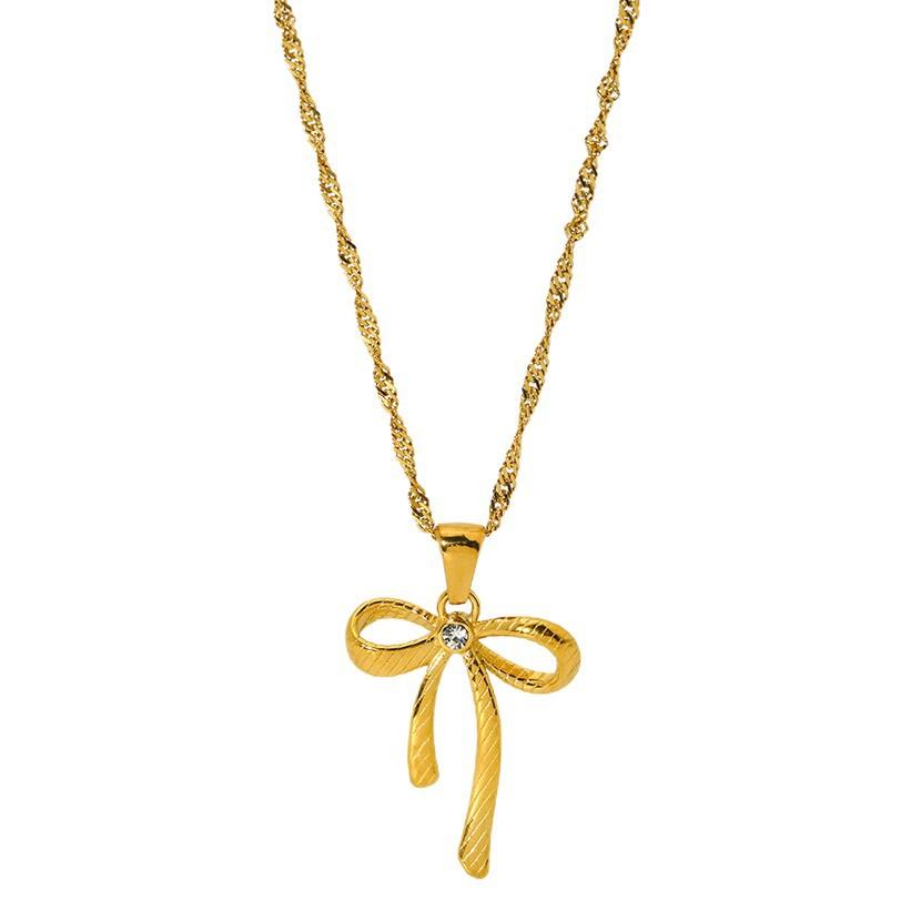 Popular Design Zircon Bow Pendant Necklace 18K Gold Stainless Steel Clavicle Chain Versatile Jewelry Women