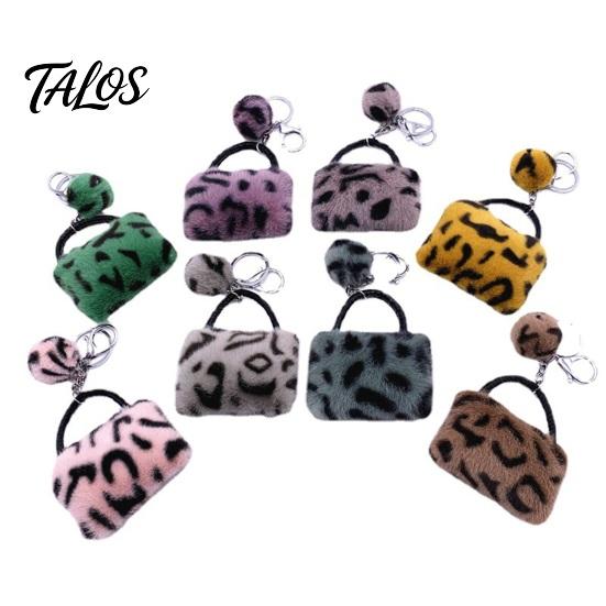 Key Ring with Pompom Leopard Print Plush Handbag Keychain, Mini Bag Pendant Retro Style Keychain Pompom, Backpack Decorative Accessory for Women Girls