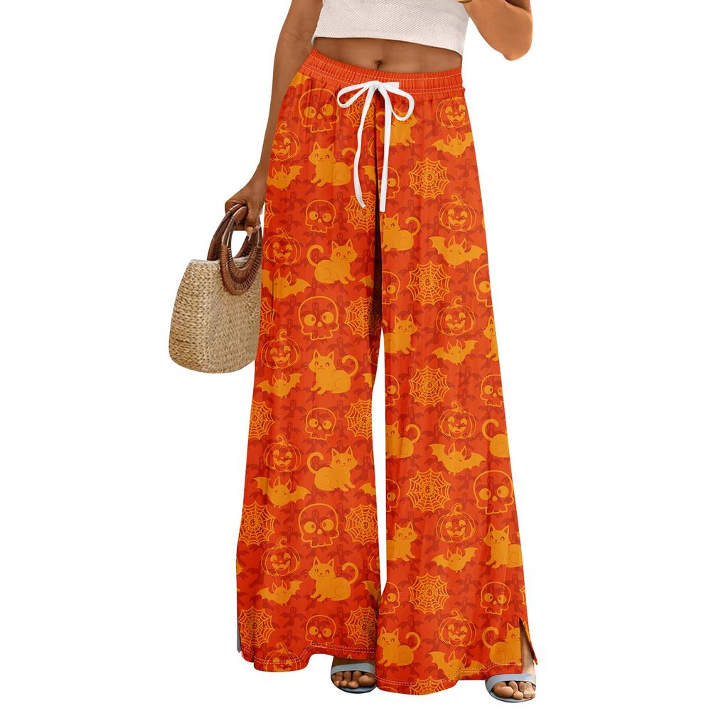 Damen Sommer Boho Palazzo Hose Hohe Taille Weites Bein Halloween Druck Lässige Hose mit Taschen