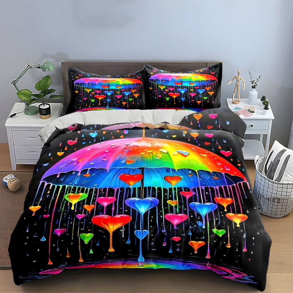 Colorful umbrella, dripping hearts. Bedding sets Duvet cover sets Duvet covers Pillowcases(1*Duvet Cover 2*Pillowcases without duvet insert)