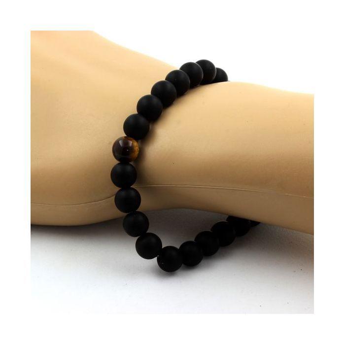 Pierres et Minéraux. Bracelet Perles Onyx noir mat + Oeil de Tigre 8 mm. Fabriqué en France.