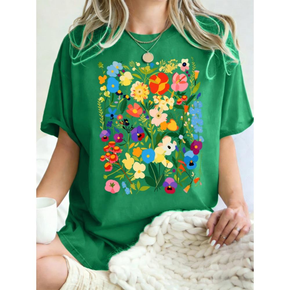 Bohemian Colorful Flowers Design Women T-Shirt Casual Y2K Short Sleeves All-Match Cotton T Shirt Oversized Summer