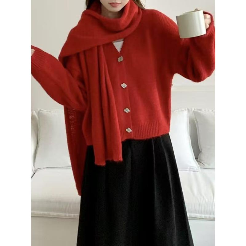 

Women s Solid Color Collar Autumn Clothing Lazy Wind Scarf Sweater Femininity Age Reduction Two-piece Knitted Cardigan One size