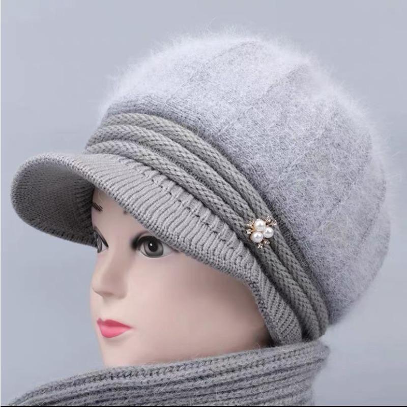 Hat Women's Autumn and Winter New Big Brim Wool Hat Old Lady Fleece Warm Ear Protector Knitted Hat