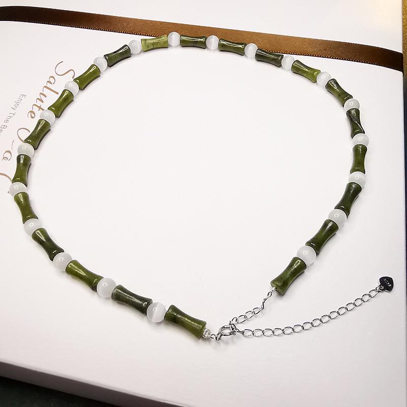 S925 Silver Bamboo-Style Necklace with Natural Olive Jade & Cat's Eye Beads: New Chinese Style for Men & Women