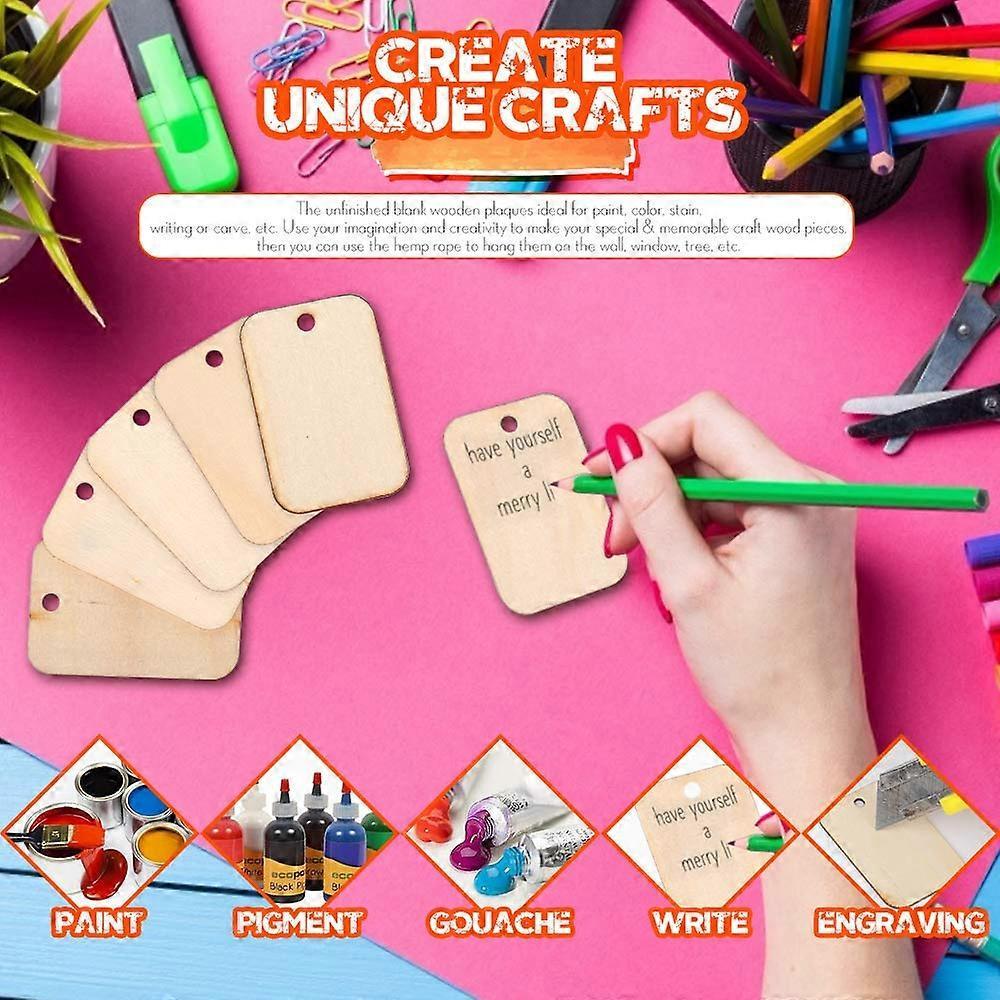 100 Pcs Unfinished Wood Pieces Rectangle-Shaped, Light Wooden Cutout Natural Rustic with Hole (2.04 x 1.37)