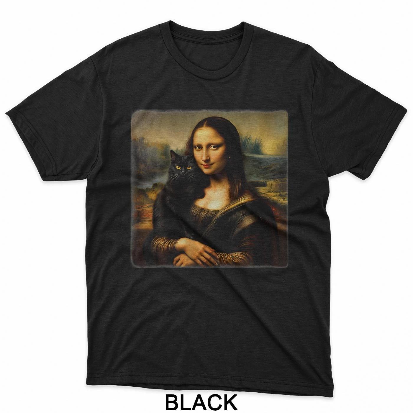 Mona Lisa Holding Black Cat Kitty Cat Mom Cat Dad Cats Lover T-Shirt M