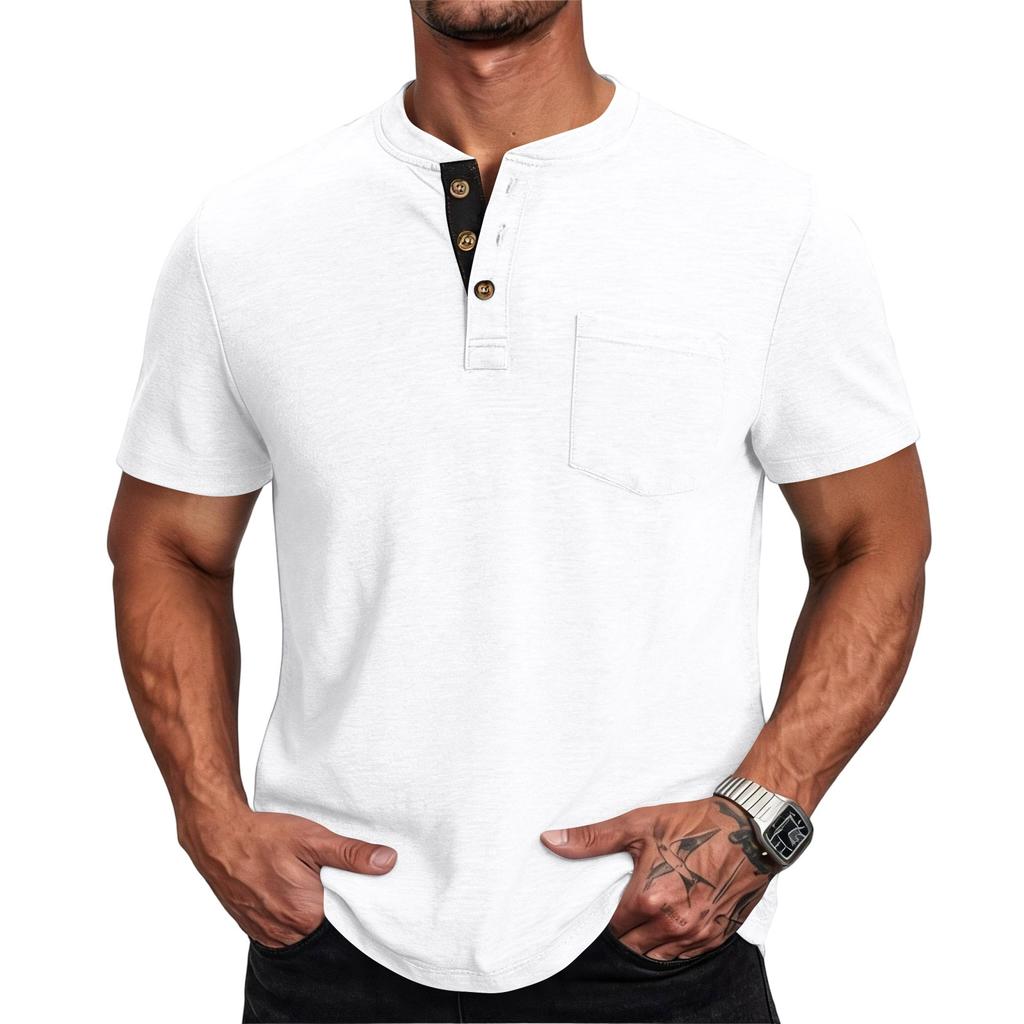 Men Henley Neck Short Sleeve T Shirt Casual Basic Button Front Athletic Fit Pullover Top with Chest Pocket for Everyday Wear