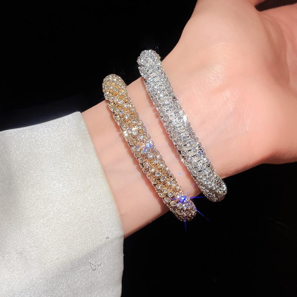 Gold Rhinestone Bangle Round Open Bangle Luxury Cuff Bracelet  Gift