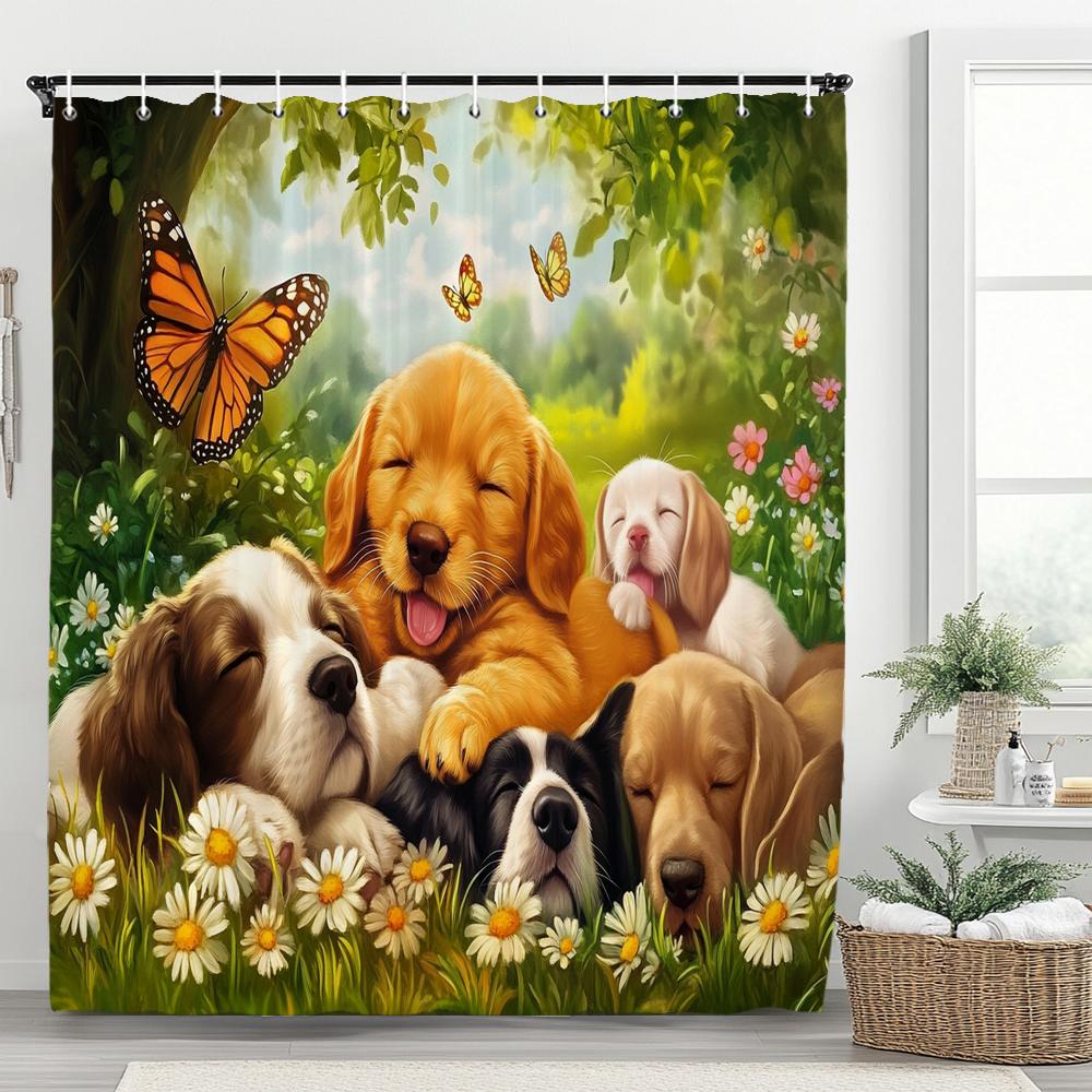 3D Printed Cute Puppies Shower Curtain Lovely Cartoon Animal Bathroom Decorative Curtain, Printed Home Curtain with 12 Hooks
