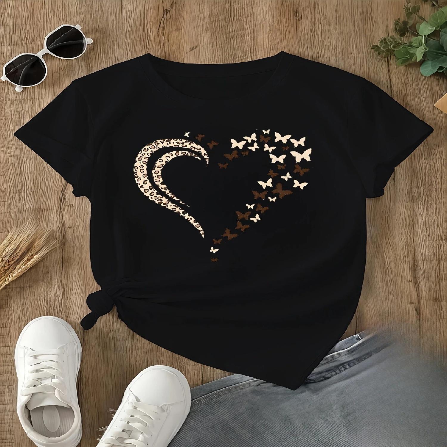 Рукав Обычный Трикотажная Ткань - Коллекция Весна Лето Осень Женская Повседневная Полиэстеровая Футболка с Рисунком Сердец Круглый Вырез S чёрный