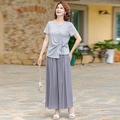 Elegant Summer Suit Set for Middle-Aged Women: Short Sleeve Top & Wide-Leg Pants