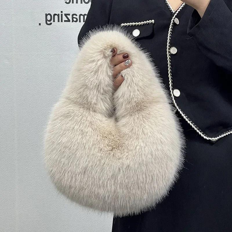 Winter Casual Flauschige Umhängetaschen für Damen Unifarbene Weiche Plüsch Damen Clutch Handtaschen Leichte Damen Hobo-Tasche sac