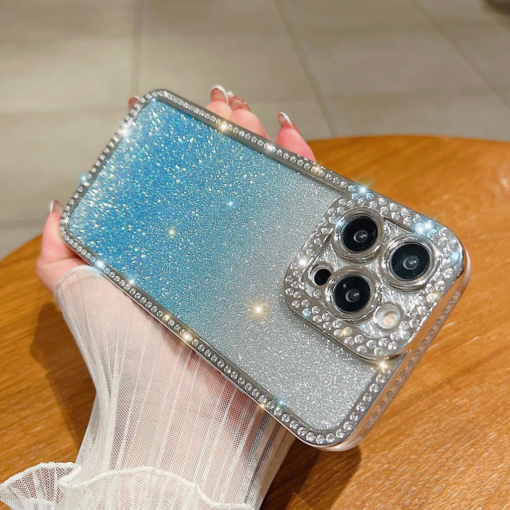 For iPhone 16 Pro Case Glitter Phone Case Rhinestone Decor Electroplating Protective Cover