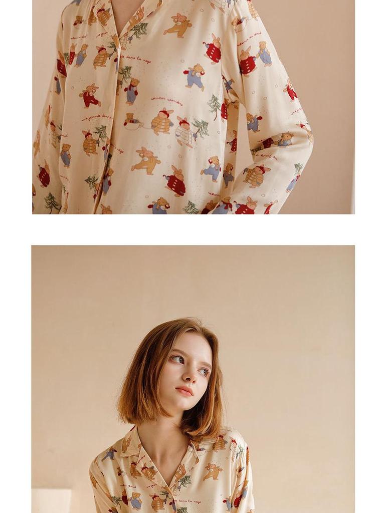 Damen Weihnachts-Satin-Pyjama-Set mit Kaninchen-Print - Kurzarm & Shorts