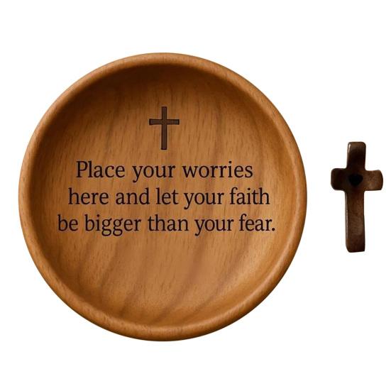 Yousheng Wooden Prayer Bowl Farmhouse Rustic Handcrafted Bible Verses Faith Bowl Round Decorative Scripture Blessing Bowl Religious Christian Gift
