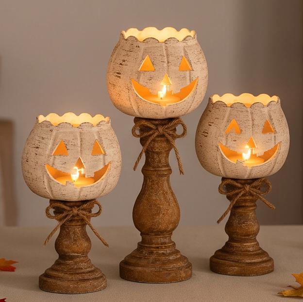 Rustikální bílý dýňový držák na čajovou svíčku   Farmářské podzimní stolní dekorace na Halloween, Den díkůvzdání, Sezónní dekorace s víceúrovňovým designem lucerny