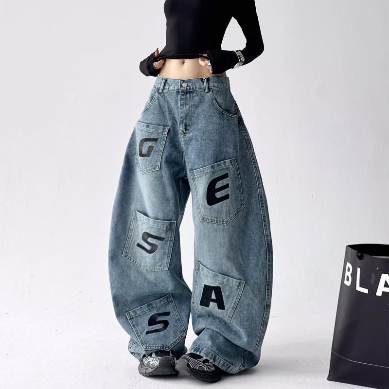 Vintage Washed Letter Print Multi-pocket Tooling Jeans Men's and Women's Loose Wide-leg Cutter Pants
