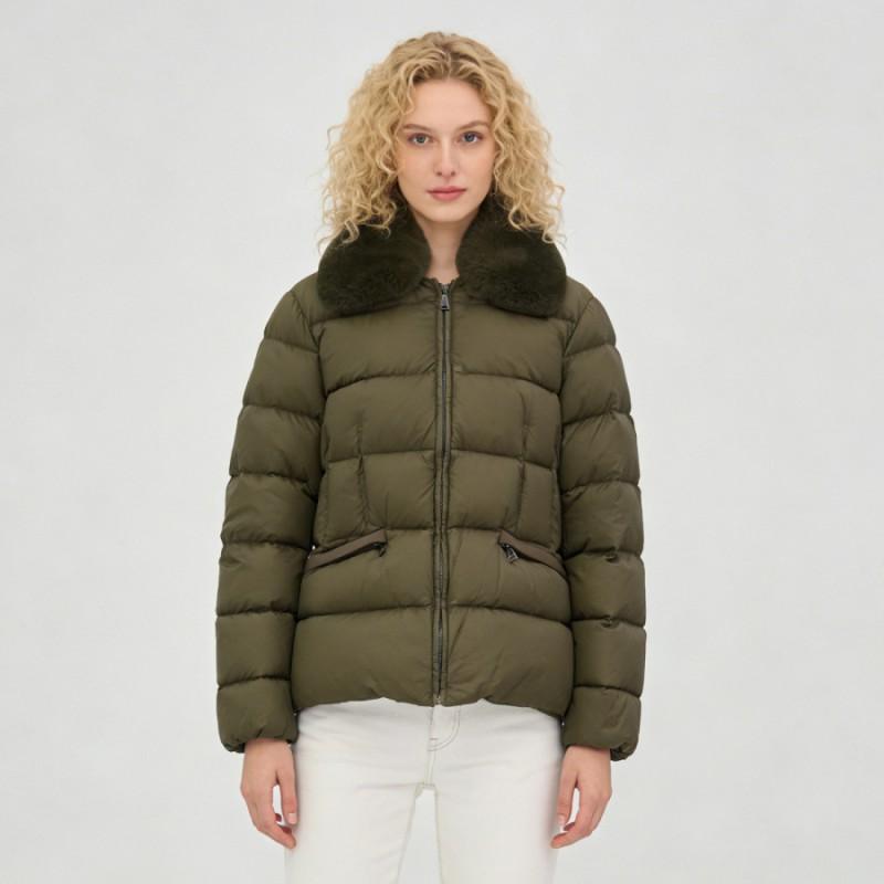 Womens Short Down Jacket With Rabbit Fur Collar Slim Fit Winter Warm Puffer Coat Casual Office Style