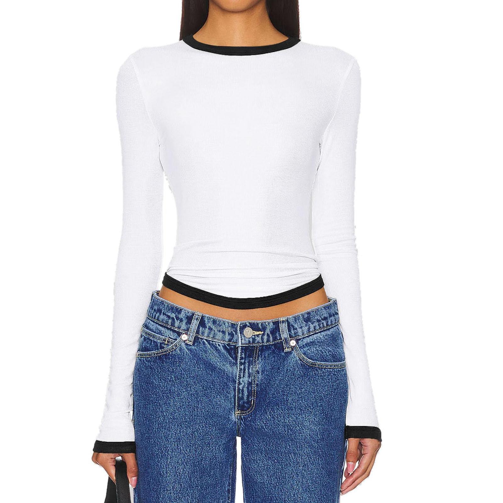 

Женская мода с длинным рукавом и круглым вырезом, тонкий короткий пуловер цвета коллизии, футболка, топ XS белый