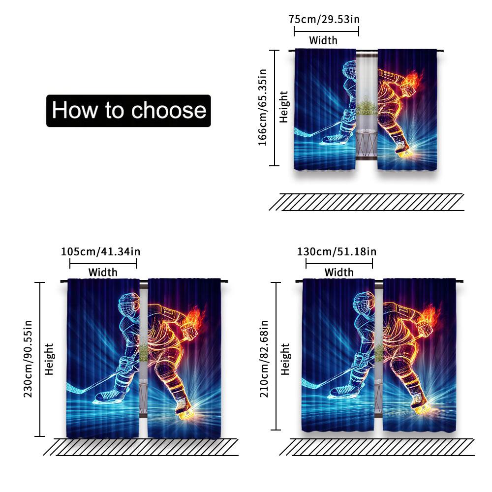 Set Of 2 Modern Teens Ice Hockey Window Curtains Bedroom Living Room Sports Games Theme Decor Design Simplistic Curtain With Rod Pocket Polyester