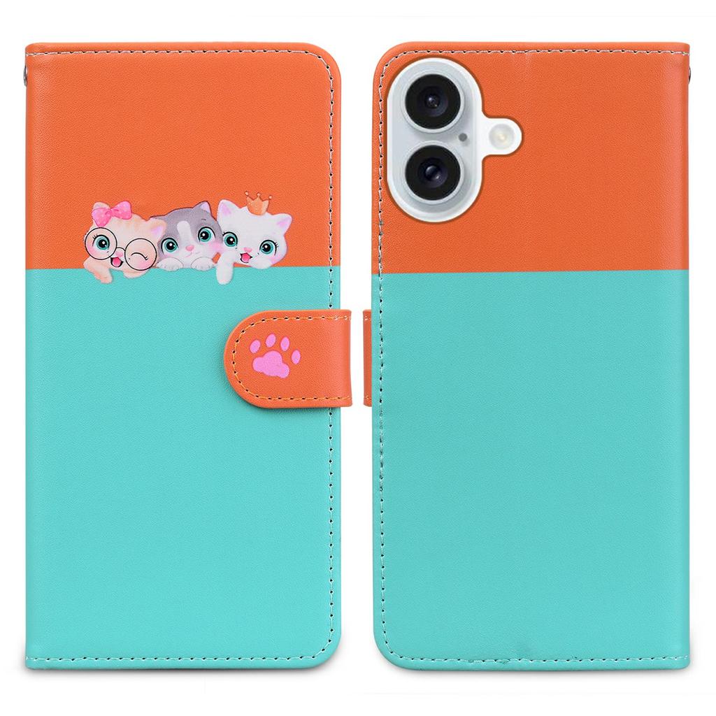 Cartoon Pet Series for iPhone 16 Plus Wallet Phone Case Splicing Leather Flip Cover