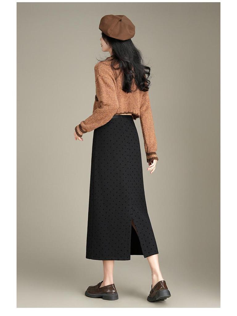 2025 Korean Grey Polka Dot Wool A-Line Skirt: Women's Autumn/Winter Straight Cut, Mid-Length with Back Slit