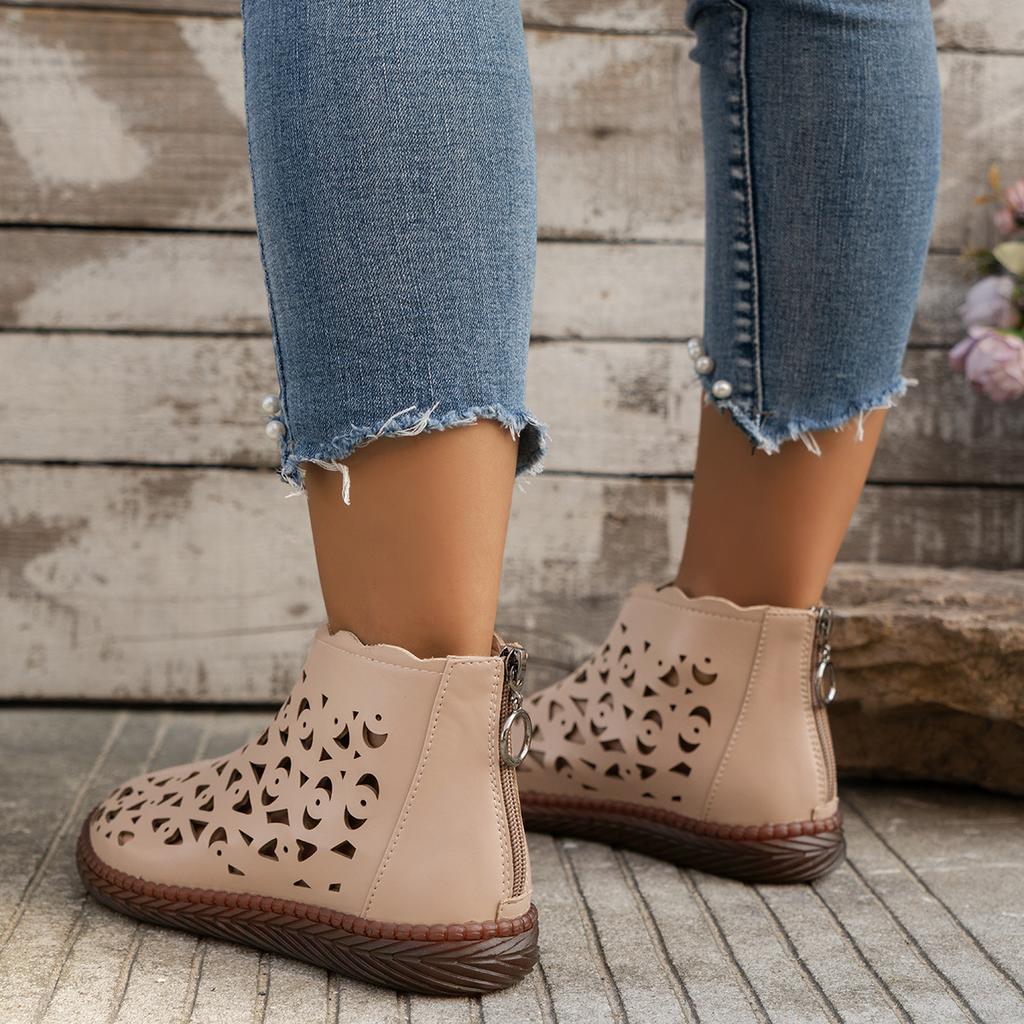 New Women's Round Toe Hollow Cutout Boots Retro Back Zipper Sandal Boots