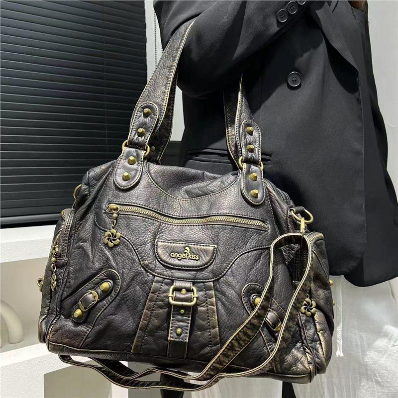 Y2K Spice Girl Washed Multi-Pocket Locomotive Bag Large Capacity Trend Shoulder Bag