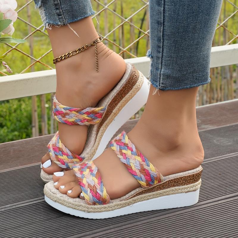 Fashion Bohemia Colorful Woven Strap Slip On Sandals Women Summer Round Toe Wedge High Heel Sandals Deodorization Fabric Insole Shoes
