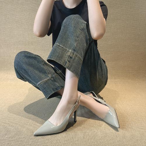 Fashion French Classic Grey Women Pointed Toe High Heel Sandals Open Back Slim Strap Party Commuter Versatile Shoes