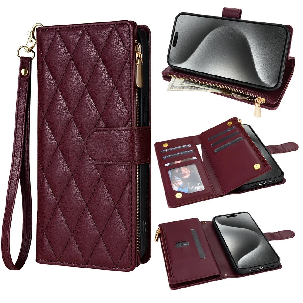 Wrist Strap Crossbody Phone Case for IPhone 16 15 14 11 13 12 Mini X XR XS Pro Max 8 Plus Wallet with Card Holder Leather Cover