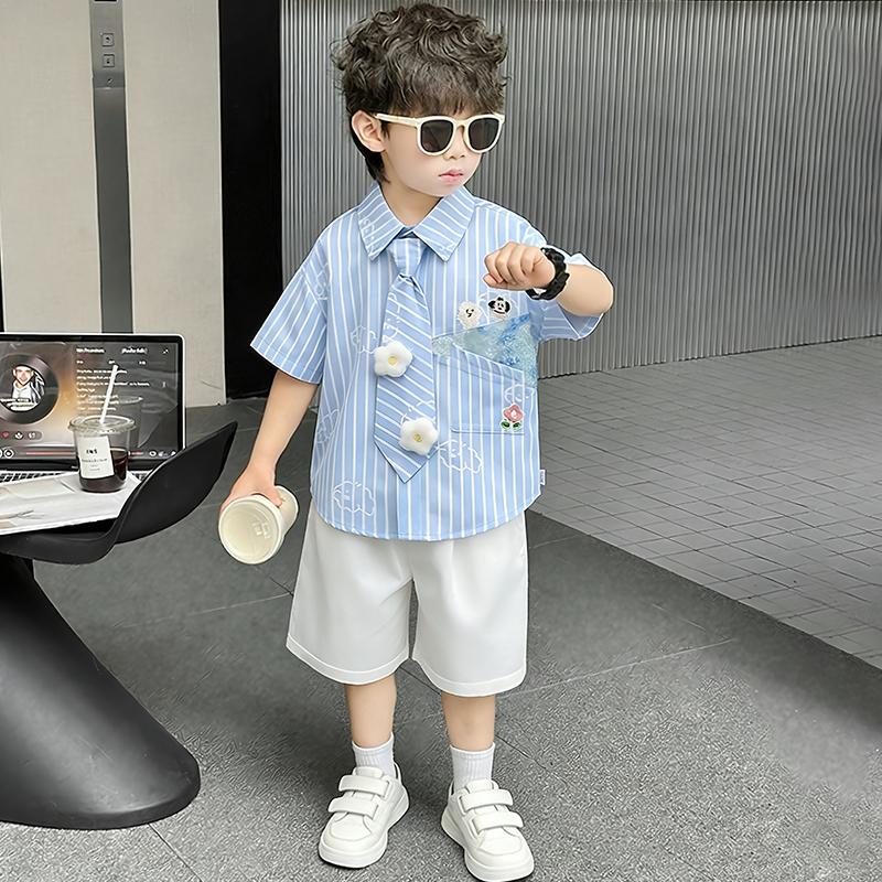 Children's Summer Short sleeved Shirt 2026, Boys' Blue Thin Shirt Set, Baby Boys' Summer Clothing, Children's Clothing Trend