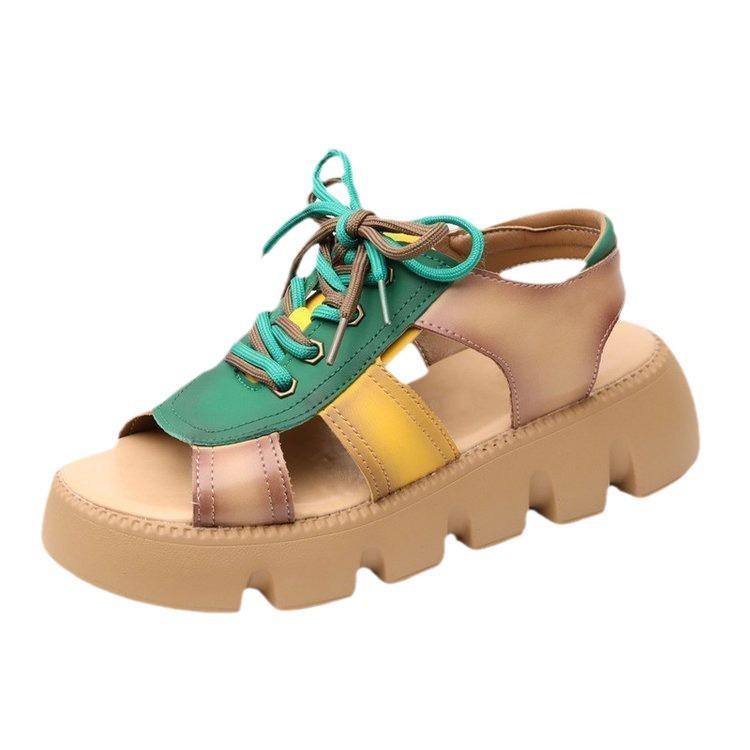 Women Leather Thick Soles Sandals Retro Wedges Slides Comfortable Outdoor Platform Sandal